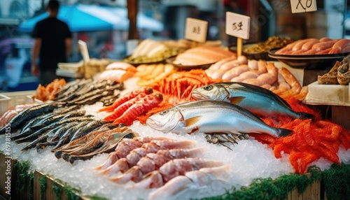 Fresh seafood display at market stall suitable for culinary industry photo