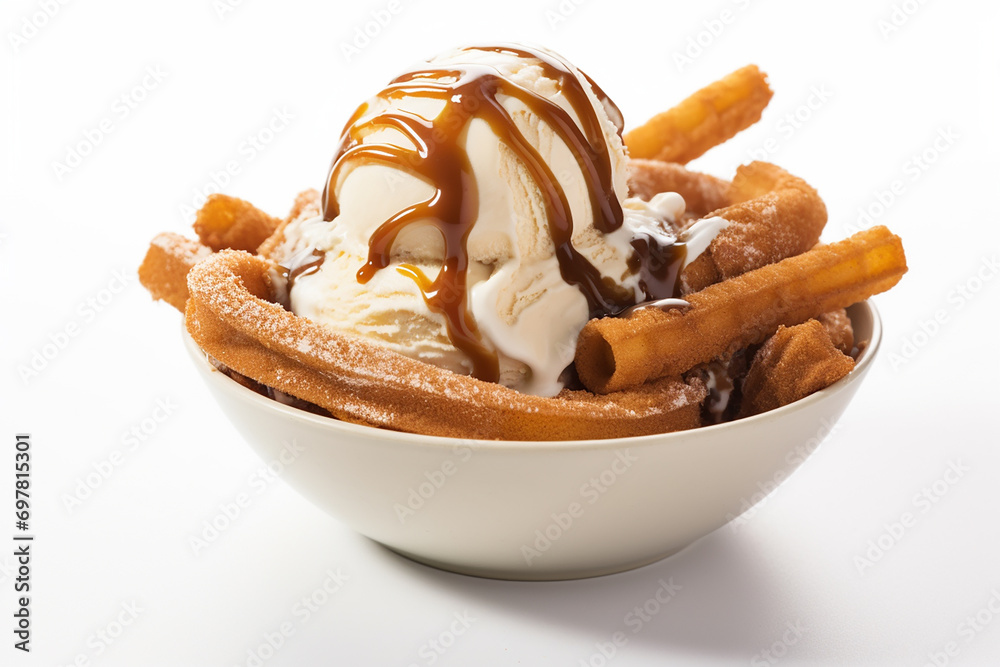 Delicious Churro Ice Cream Sundae - Authentic Mexican Dessert on a Pure White Background Created with Generative AI Tools Delicious Churro Ice Cream Sundae - Authentic Mexican Dessert on a Pure White Background Created with Generative AI Tools