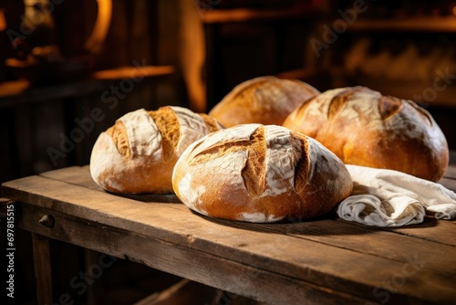 Artisan bread on wooden table for bakery or food industry use