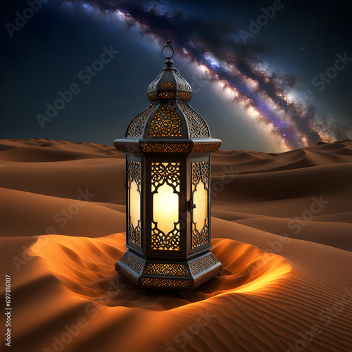Ramadan lamp in the night desert milky way in the sky photo
