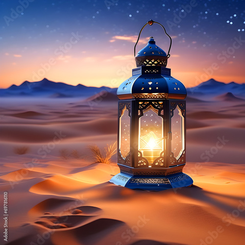 Ramadan lantern in the desert with sunset photo