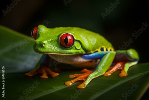 Close-up of red-eyed tree frog on leaves. Generative AI