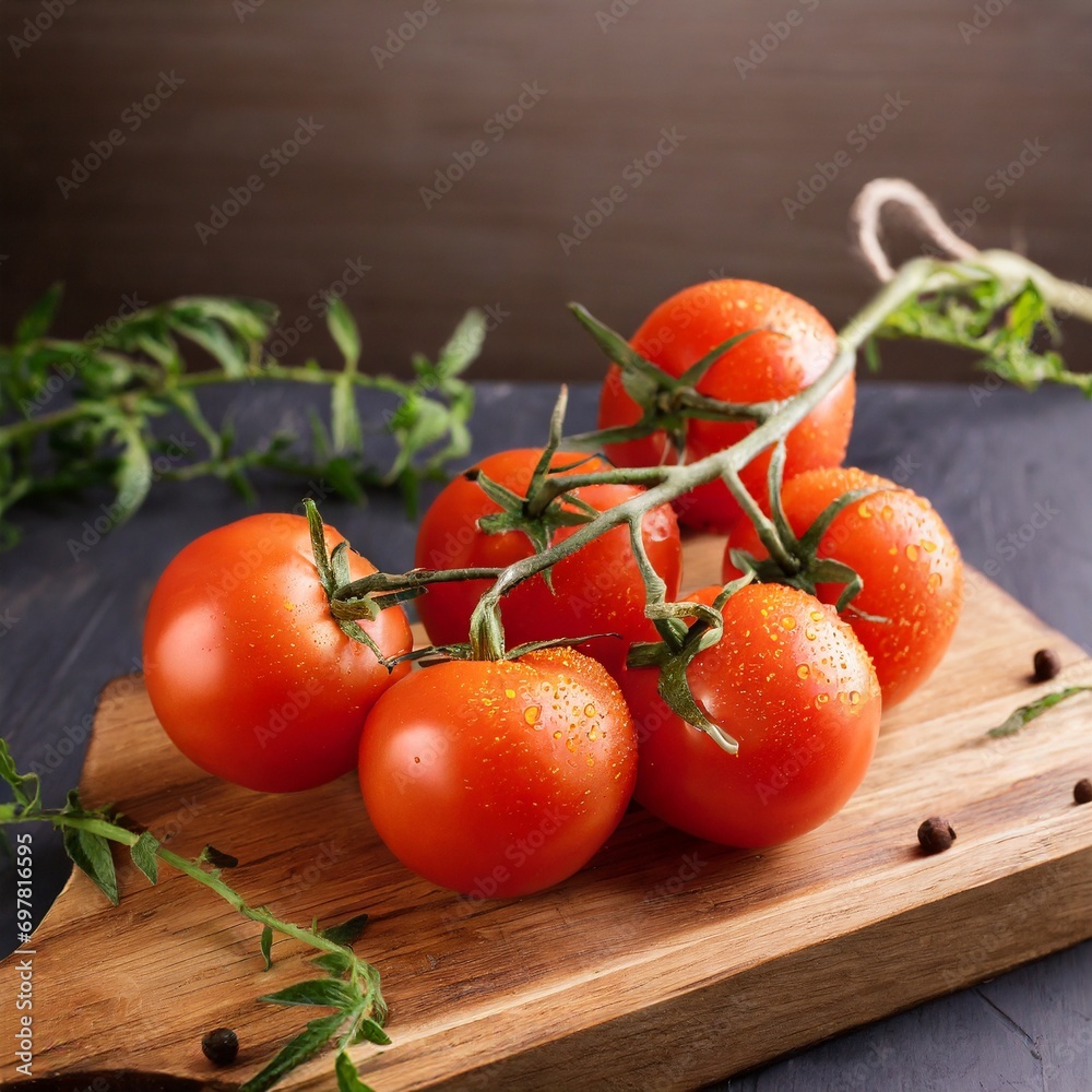 A branch with tomatoes on a wooden board.