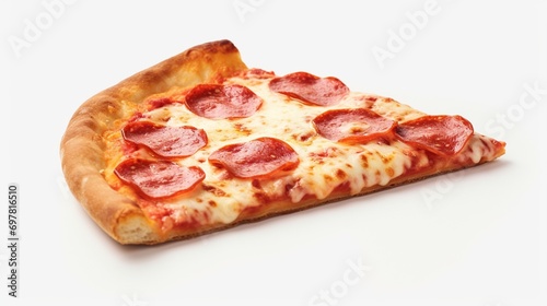 A pepperoni pizza slice with an emphasis on the airy, porous texture of the crust, contrasted against a bright white background