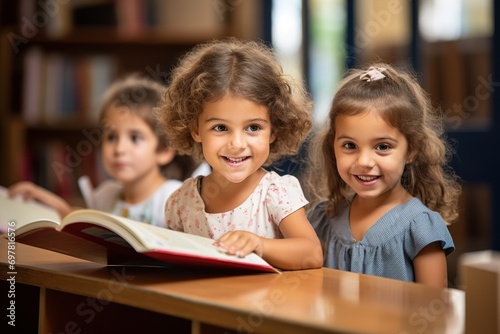 Children in kindergarten at a reading lesson. Pre-school education. A banner for magazines.