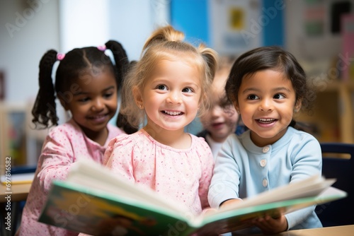 Children in kindergarten at a reading lesson. Pre-school education. A banner for magazines. photo