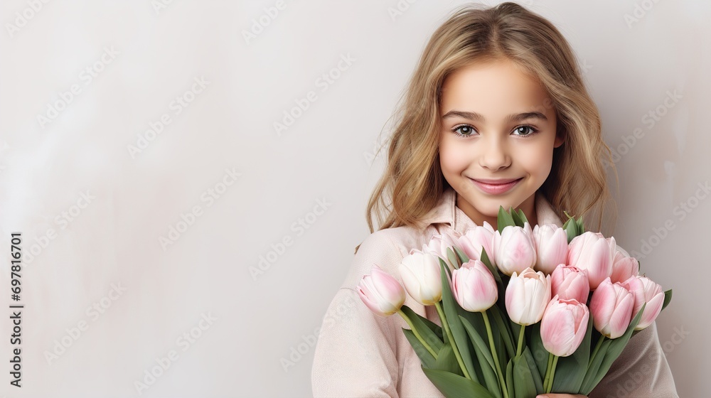Child with a bouquet of tulips. International Women day, Mother Day concept. valentine's day, copy space, Image for advertising, Banner, Magazines