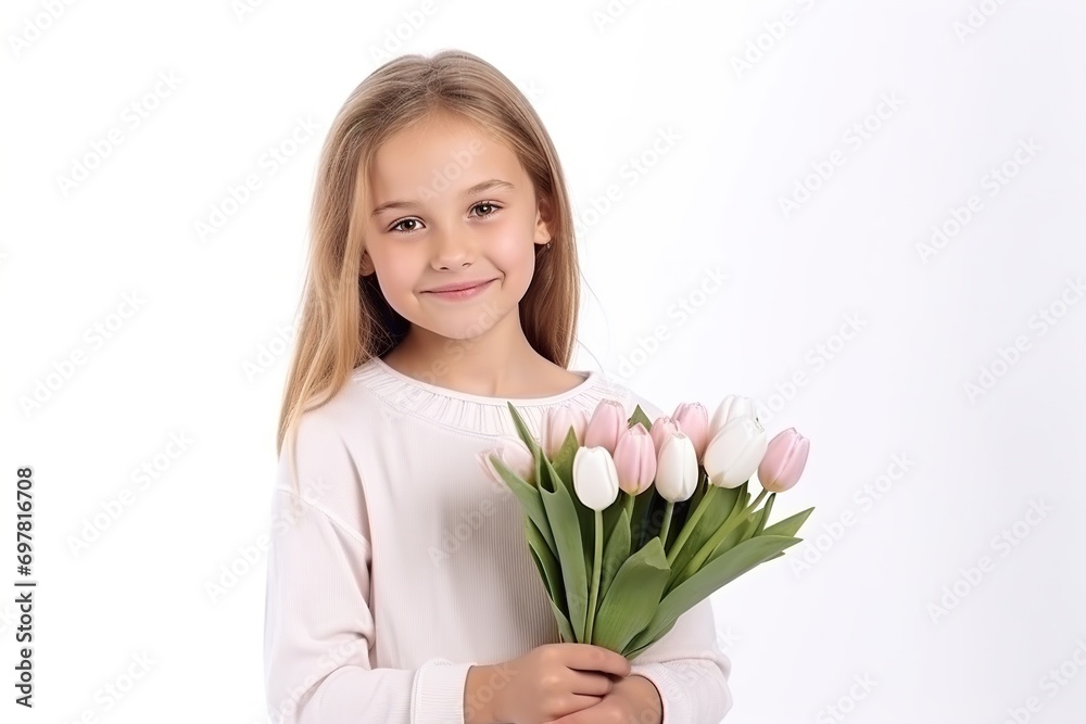 Child with a bouquet of tulips. International Women day, Mother Day concept. valentine's day, copy space, Image for advertising, Banner, Magazines Child with a bouquet of tulips. International Women day, Mother Day concept. valentine's day, copy space, Image for advertising, Banner, Magazines