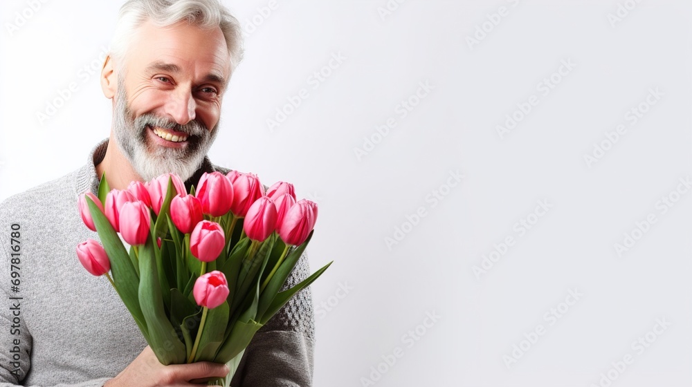 Brutal gray-haired man with a bouquet of Tulips. International Women day, Mother Day concept. valentine's day, copy space, Image for advertising, Banner, Magazines Brutal gray-haired man with a bouquet of Tulips. International Women day, Mother Day concept. valentine's day, copy space, Image for advertising, Banner, Magazines