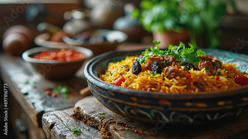 Azerbaijani pilaf with meat and dried fruits on a serving platter. photo