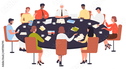 Teamwork of business people sitting at round office table vector illustration. Cartoon corporate team meeting at conference together, employees and chairman characters sit to discuss and exchange idea