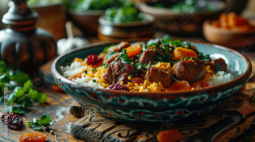 Azerbaijani pilaf with meat and dried fruits on a serving platter.