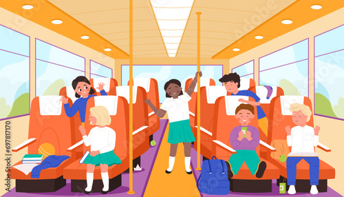 School bus with kids inside, public transport interior for road travel of children. Passenger cabin scene with girls and boys sitting on seats and standing in aisle, happy little characters playing