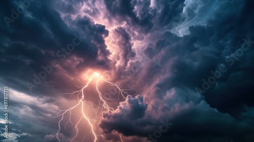lightning strikes against the dark cloudy sky photo