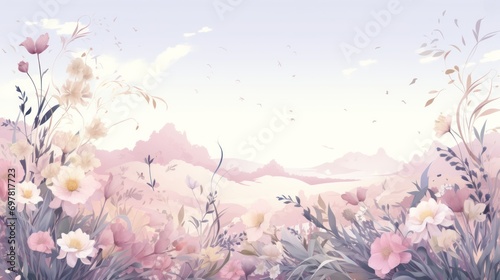  a painting of a field of flowers with a sky in the background and a few birds flying in the sky.