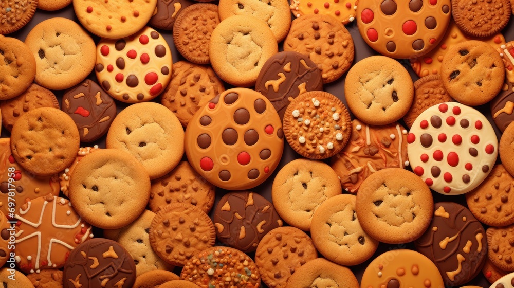 Obraz premium a close up of a bunch of cookies with icing and sprinkles on top of each cookie.
