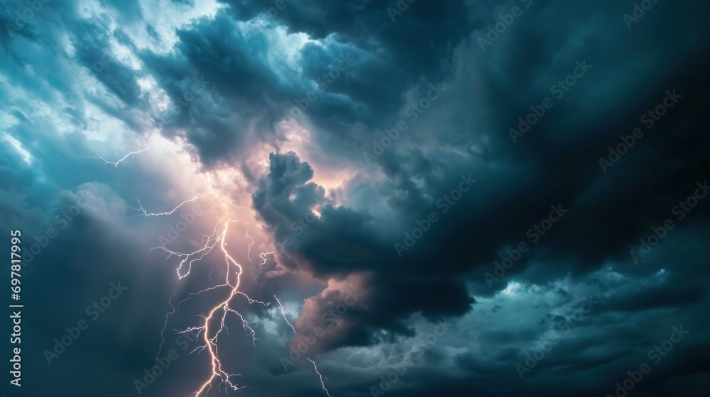 lightning strikes against the dark cloudy sky