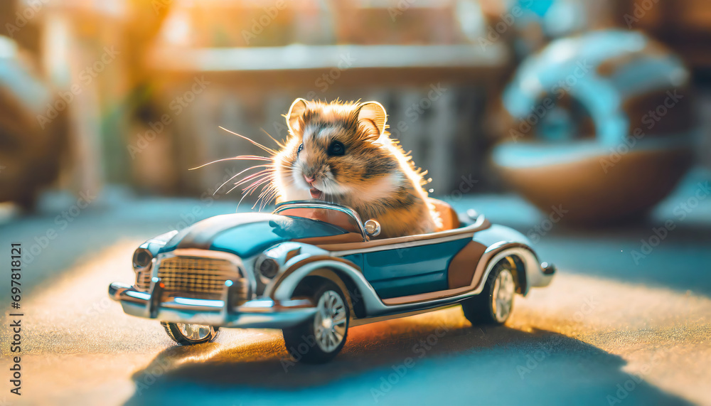 Fototapeta Fluffy Hamster Driving in a Small Car