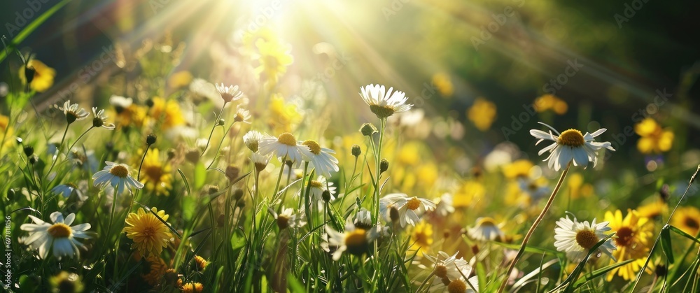 Fototapeta premium some flowers in the mowing grass with the sun shining on them