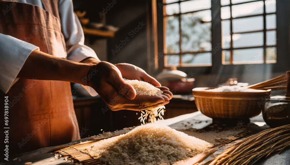 Hand preparing raw rice in homemade kitchen - obrazy, fototapety, plakaty 