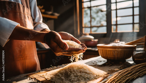 Hand preparing raw rice in homemade kitchen photo