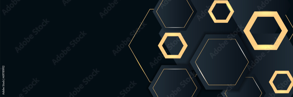 Modern luxury horizontal banner background with layers of golden hexagon shapes and shadow decoration. Trendy simple pentagon shape texture design. Luxury and elegant concept, vector Modern luxury horizontal banner background with layers of golden hexagon shapes and shadow decoration. Trendy simple pentagon shape texture design. Luxury and elegant concept, vector
