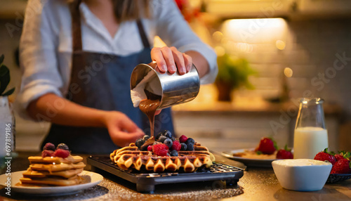 Delicious Homemade Belgian Waffle Topped with Strawberries and Chocolate - Tasty Dessert in the Kitchen
