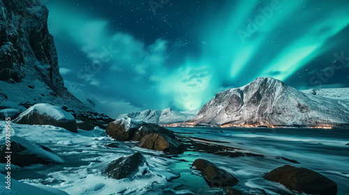 Aurora borealis above the snowy mountain and sandy beach in winter. Northern lights in Lofoten islands, Norway. Starry sky with polar lights. Night landscape with aurora, frozen sea coast, city lights © Emil