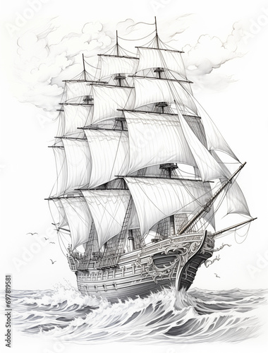 sailing ship in sketch on the ocean