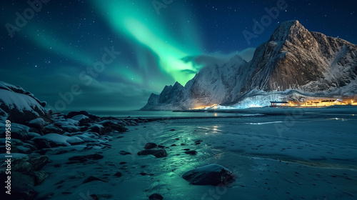 Aurora borealis above the snowy mountain and sandy beach in winter. Northern lights in Lofoten islands, Norway. Starry sky with polar lights. Night landscape with aurora, frozen sea coast, city lights © Emil