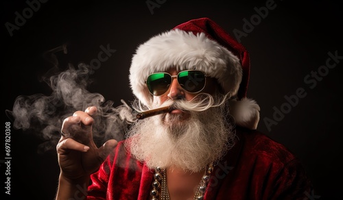 a man wearing a santa claus garment and sunglasses smoking a cigar © Pavel22
