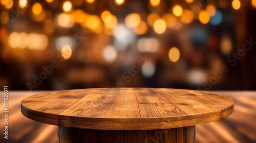 a wooden table with lights in the background © Pavel22