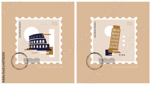 Simple Abstract Vector Illustration with Colosseum Building - Rome Symbol and Pisa Tower as Postal Stamps Isolated on a Light Brown Background. Modern Italy Symbols ideal for Poster, Wall Art. RGB.