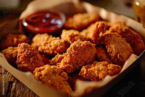 Crispy Fried Chicken Tenders in Takeout Box with Spicy Sauce Drizzle on Dark Background with Chili Peppers