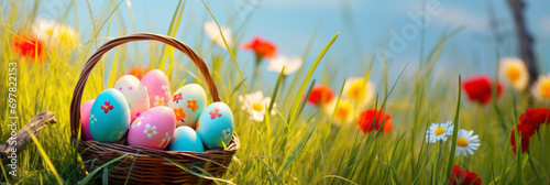 Easter eggs in basket on green meadow grass background. Wide banner