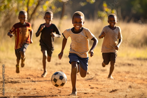 In the suburban neighborhood, a group of joyful friends, including a young African American boy, engage in a lively game of football. photo