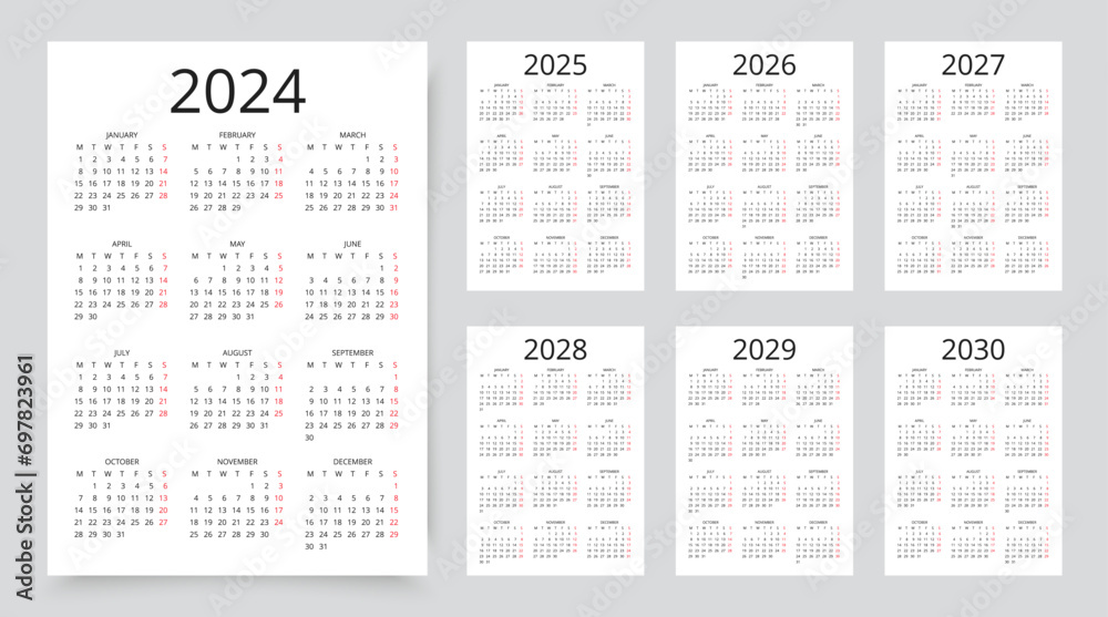 Calendar for 2024, 2025, 2026, 2027, 2028, 2029, 20230 years. Simple calender layout. Week starts Monday. Pocket or wall calendars. Planner template with 12 month. Yearly rganizer. Vector illustration - obrazy, fototapety, plakaty 