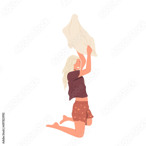 Laughing teenage girl cartoon character standing on knee with raised pillow isolated on white