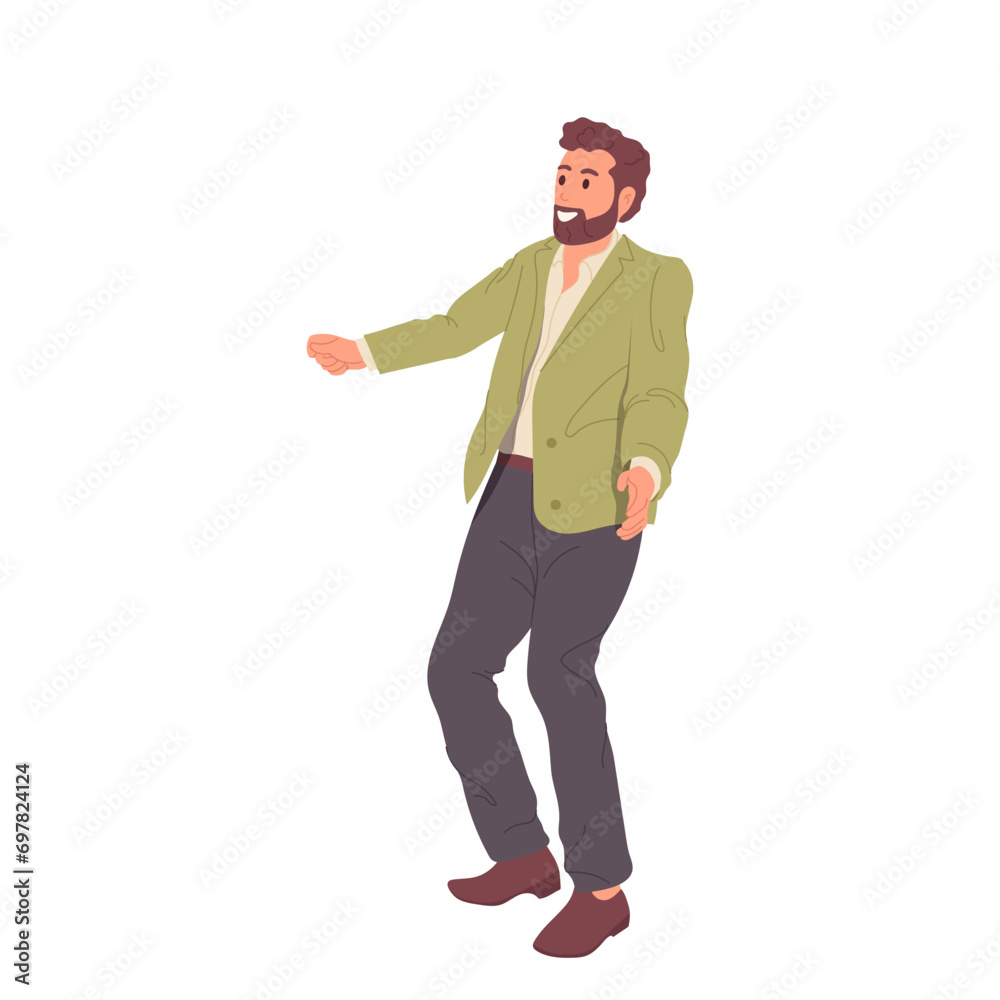 Happy casual guy cartoon character standing with hugs hands gesturing with rejoice or congratulation