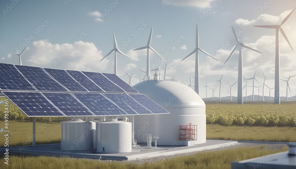 h2 hydrogen tank, solar panels and wind power turbines, 3d rendering