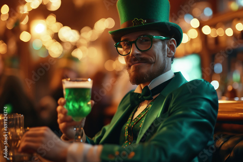 St. Patrick's Day party fun wearing man in a green suit and hat with a glass of coctail.