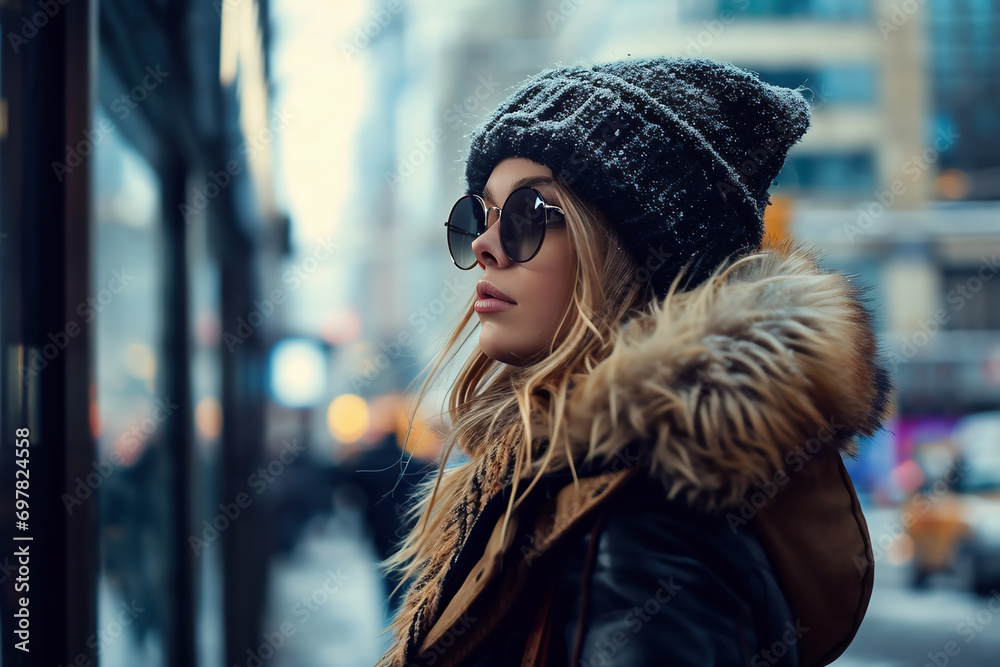 Beautiful young woman in a winter coat and hat on a city street Beautiful young woman in a winter coat and hat on a city street