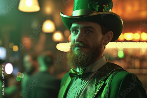 St. Patrick's Day party fun wearing man in a green suit and hat in bar interior.
