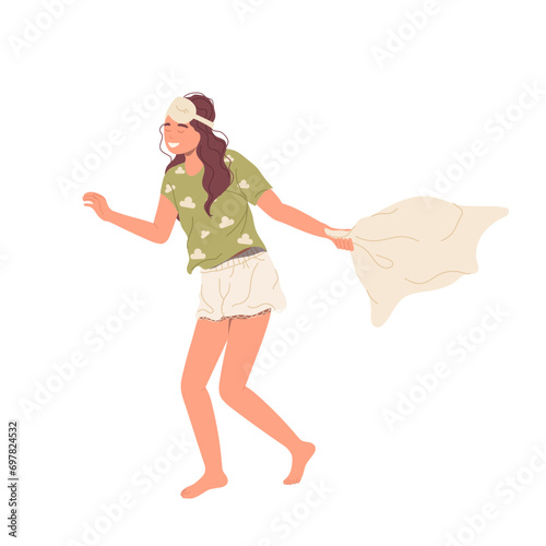 Pretty young woman cartoon character running with pillow ready to fight and play with friends
