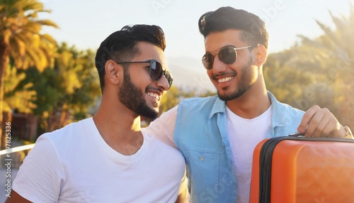 Gay couple going on a vacation with suitcase photo