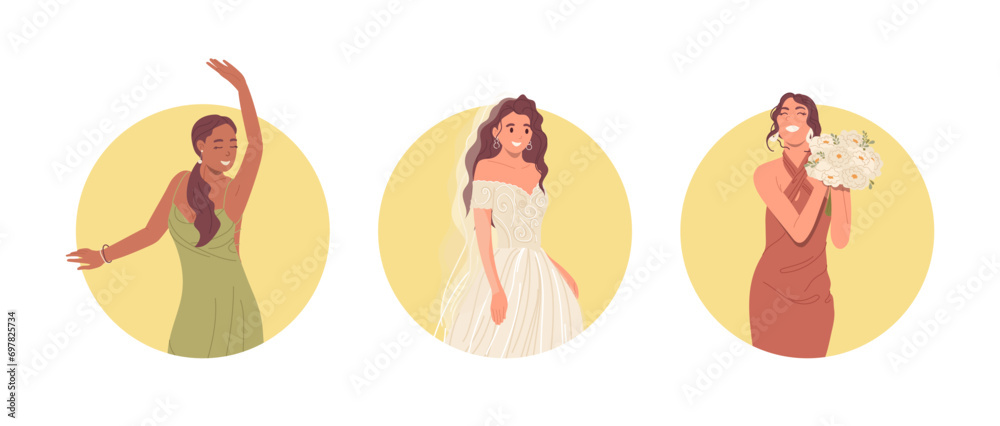 Isolated round composition for hen party advertisement with happy bride and bridesmaid characters Isolated round composition for hen party advertisement with happy bride and bridesmaid characters