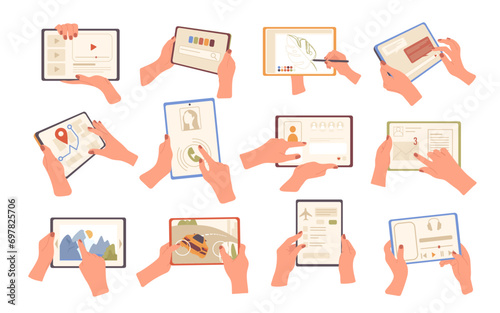 Hands holding tablet pc using different application for work, navigation and communication set