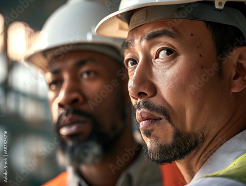 Close-up portrait shows an engrossed Asian male and his experienced African-American boss, both wearing white hard hats to symbolize their dedication © aka_artiom