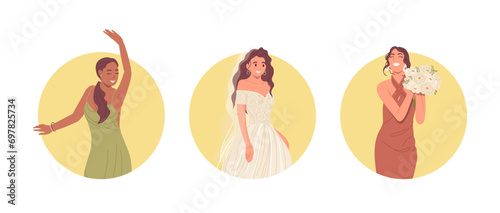 Isolated round composition for hen party advertisement with happy bride and bridesmaid characters