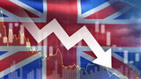 Economic crisis in Great Britain. Chart shows recession. Financial recession in United Kingdom. Economic crisis in England. Arrow down near UK flag. Collapse and depression in UK. 3d image.
